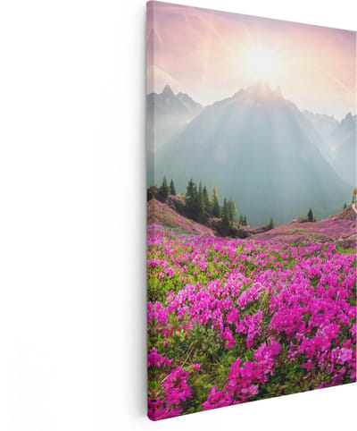 Artaza Canvas Schilderij Berglandschap - 40x60 cm - Wanddecoratie Bloemenveld - Muurdecoratie Bergen - Decoratie Zonsopgang