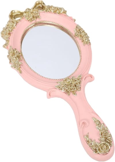 Vintage Handspiegel - Make-up spiegel - Make-up aanbrengen - Gouden bloemen reliëf - 27x3 cm - Roze