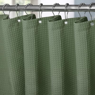 Famanu - Groen wafelstof douchegordijn 92x182 cm, waterdicht textiel, met metalen ringen