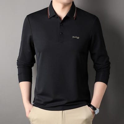 Polo à manches longues d'automne pour hommes Hommes d'âge moyen Nouveau revers Haut décontracté d'affaires Papa T-shirt ample Pas de repassage XXXL black