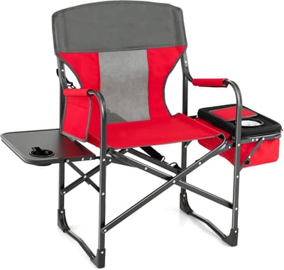 KOMFOTTEU Opvouwbare campingstoel met bijzettafel en geïsoleerde tas, draagvermogen 180 kg, draagbare regisseursstoel met zijvak en gewatteerde armleuningen voor kamperen, picknicken en vissen (rood)