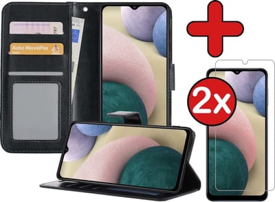 Hoesje - Met 2x Screenprotector - Geschikt voor Samsung Galaxy A12 - Luxe Pasjeshouder - Flip Case - Bookcase Portemonee - Kunstleer Book Case - Flipcase Hoes - Book Cover - Walletcase - Portemonneehoes - Telefoonhoes - Zwart