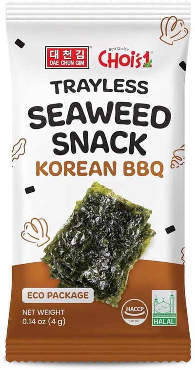 DAECHUN (Choi's1) Shellless Roasted Seaweed Snacks - BBQ-smaak 20 stuks (4 g per stuk) Milieuvriendelijke noribladeren - Gerookte, hartige snack, glutenvrij, veganistisch, keto, caloriearm