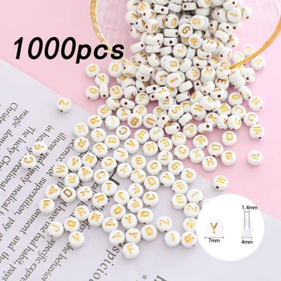 Letterkralen om te rijgen, 1000 stuks, gouden letterkralen, knutselkralen, letters A-Z, kralen voor sieraden knutselen (47 gouden witte kralen)