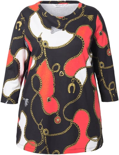 MIAMODA - Dames - T-shirt A-lijn kettingpatroon 3/4-mouwen - Zwart - Maat 42