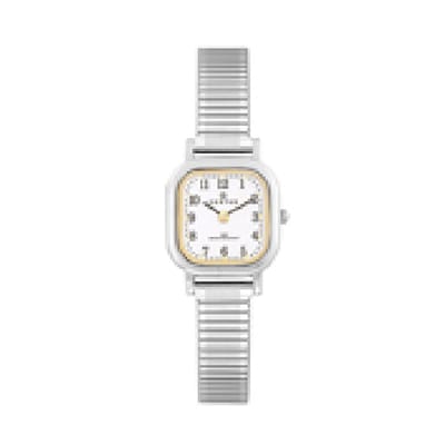 Certus-Dameshorloge-model 622578-rekbare band-vierkant-zilver met goudkleurige rand in uurwerk-waterdicht-afmeting 23 x 23- -made in France