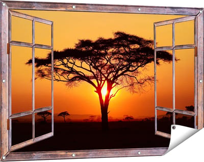 Gards Tuinposter Doorkijk Zonsondergang Achter een Savanne Boom - 120x80 cm - Tuindoek - Tuindecoratie - Wanddecoratie buiten - Tuinschilderij