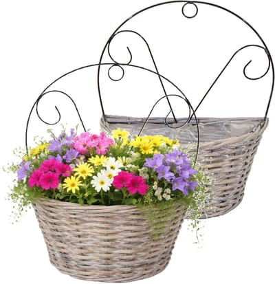Mega Collections Plantenmand muurhanger Assen - 2x - grijs - H40 cm - wilg - bloempot/plantenpot