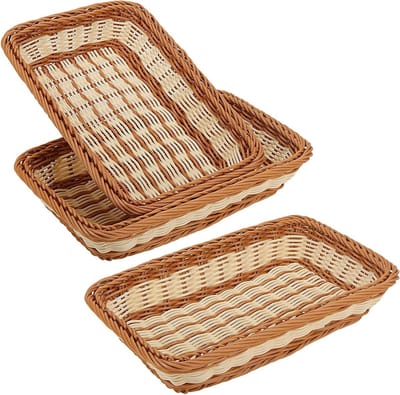 Set van 3 Woven Food Baskets 30x20x7cm - Rectangulaire Rieten Mand voor Fruit, Groenten en Snacks