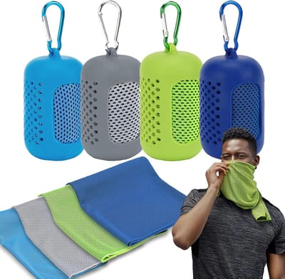 4 Stuks 30 x 90 cm Koelhanddoeken met Siliconen Opbergdoos en Karabijnhaak - Direct Koel Microfiber IJshanddoek voor Sport Gym Yoga Hardlopen Kamperen - Sneldrogend Zweet Handdoek voor Training Buiten Activiteiten