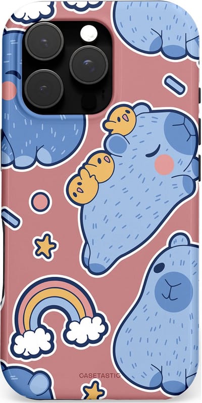 Casetastic hoesje geschikt voor Apple iPhone 16 Pro - MagSafe - Dubbellaagse bescherming - Capibara knuffelvriend - Fashion Case - Lichtblauw Taupe Lavendel Grijs