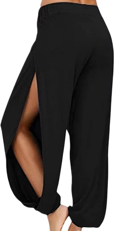 Dames Zomer Harembroek met Hoge Split – Luchtige Yogabroek, Boho Broek met Wijde Pijpen - Zwart - Maat S