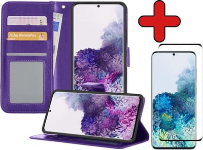 Hoesje - Met Screenprotector - Geschikt voor Samsung Galaxy S20 - Luxe Pasjeshouder - Flipcase - Bookcase Portemonee - Flip Case - Kunstleer Book Case - Book Cover - Walletcase - Portemonneehoes - Telefoonhoes - Paars