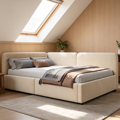 HAUSS SPOLE Slaapbank 140x200 cm - Gestoffeerd Bed Met Hydraulische Opbergruimte - Zonder Matras - Fluweel - Beige