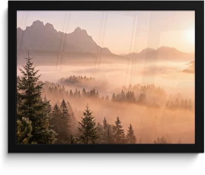 Poster in lijst - Fotolijst 40x30 cm - Posters - Zonlicht - Mist - Bergen - Bomen - Posterlijst zwart - Decoratie - Wanddecoratie woonkamer - Muurdecoratie slaapkamer