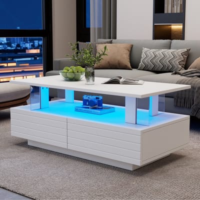 HAUSS SPOLE Salontafels - Moderne Salontafel Met LED-App En 2 Lades - Praktische Opbergruimte - 100x50x42,5 cm - Acryl - Wit