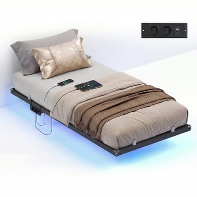 VASAGLE - Bed - Bedframe met Zwevend Effect - LED-Verlichting - Afneembaar Stekkerblok met USB en Stopcontacten