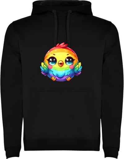 Zwarte Hoodie Kleurrijke Blije Vogel - Schattig - Regenboog - Cartoon - Humor Maat M
