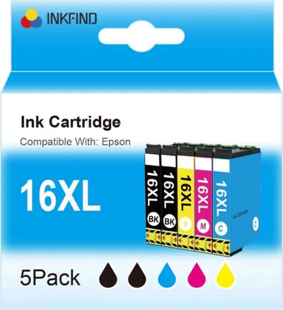 INKFIND 16XL Inktcartridge voor Epson16 Epson16XL Epson 16XL Epson1631 1632 1633 1634 Multipack van 5 stuks Geschikt voor Epson Workforce WF-2010W, WF-2510WF, WF-2520NF, WF-2530WF, WF-2540WF, WF-2630WF, WF-2650WF, WF-2660WF, WF-2750DWF, WF-2760DWF