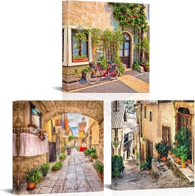 Set van 3 Mediterrane Canvas Schilderijen - Vintage Italiaans Dorpslandschap - Moderne Wanddecoratie voor Woonkamer en Slaapkamer