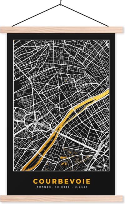 Posterhanger incl. Poster 40x60 cm - Schoolplaat - Plattegrond – Kaart – Stadskaart – Frankrijk – Courbevoie - Textielposter - Blanke latten - Stadskaart