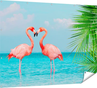 Gards Tuinposter Twee Flamingo's in een Hart Vorm in het Water - 160x120 cm - Tuindoek - Tuindecoratie - Wanddecoratie buiten - Tuinschilderij