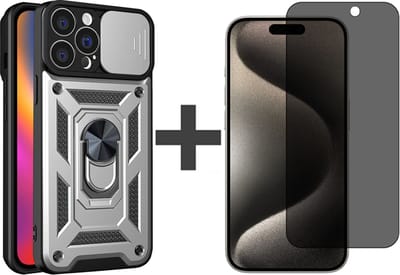 Hoesje met Privacy screenprotector Geschikt voor iPhone 15 Pro met Ringhouder en Camera schuifje - Arara backcover - Zilver