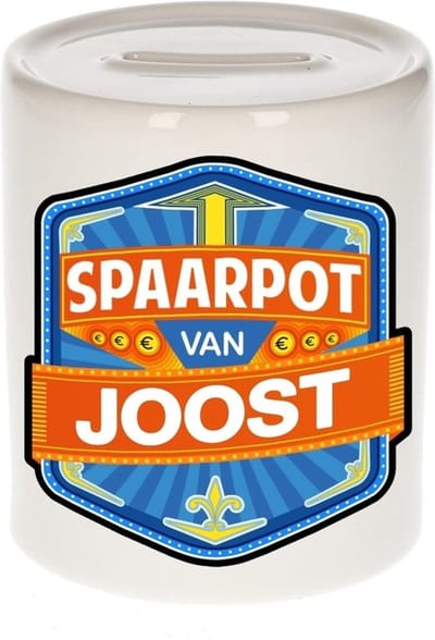Bellatio Decorations Kinder spaarpot met naam - Joost - keramiek - met dop - wit - Sparen - Spaargeld van Joost