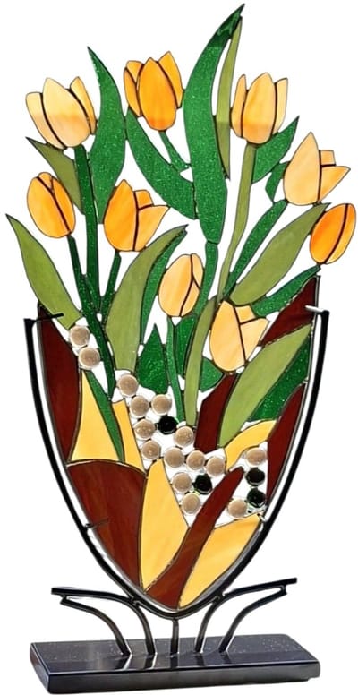 Raamdecoratie Tiffany glas- vaas met tulpen geel amber bruin - glas en metaal 29x10.x57 cm handgemaakt uniek exemplaar