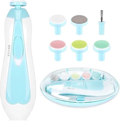 Elektrische nagelvijl voor baby's, 8 in 1 veilige nageltrimmer voor baby's, nagelknipper voor baby's, met 6 slijpkoppen en licht, nagelverzorgingsset voor baby's van alle leeftijden