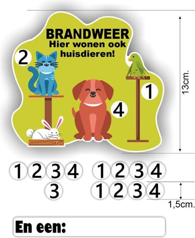 Jerma - Brandweersticker Huisdieren – set - 1 st 14x13 cm - 16 nrs Ø 1.5cm - zelfklevend - Vinyl