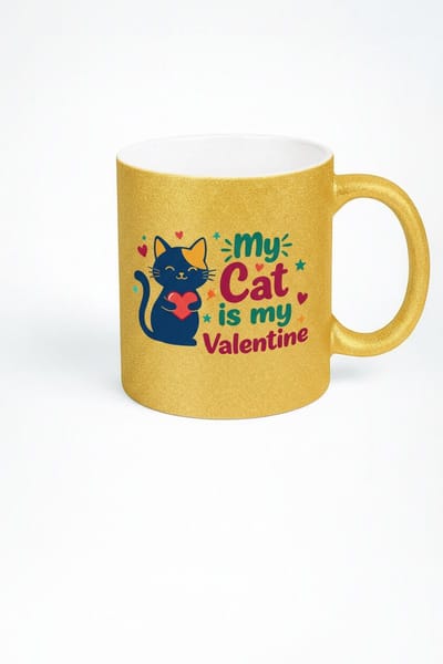Gouden Glitter Valentijn Mok met 'My Cat is my Valentine' Design - Uniek Cadeau voor Kattenliefhebbers