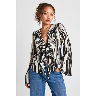 boohoo Dames Zebra Chiffon diepe blouse met bandje aan de voorkant | Black | Maat: 6