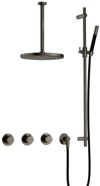 Hotbath Cobber IBS70 inbouw regendoucheset met staafhanddouche aan glijstang en 30cm ronde hoofddouche aan 30cm plafondarm verouderd ijzer