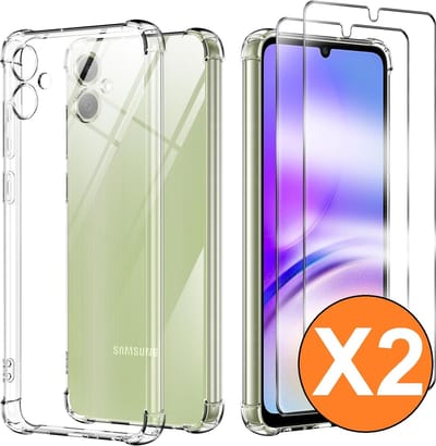 Hoesje geschikt voor Samsung Galaxy A06 Hoesje transparant - Anti Shock silicone hoesje Galaxy A06 4G case met 2 Pack Screenprotector tempered glass voor Samsung A06 4G
