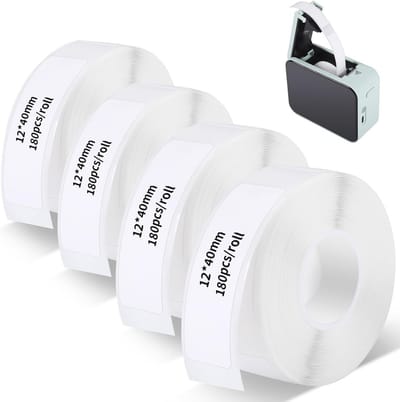 4 Rollen Zelfklevende Thermische Labels 12 x 40mm | Waterdichte Label Tape voor Labelmakers, 720 Stuks Totaal, Geschikt voor P15/P12/P11/D30/L12