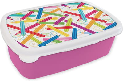 Broodtrommel Roze - Lunchbox - Brooddoos - Potlood - Patronen - Regenboog - 18x12x6 cm - Kinderen - Meisje