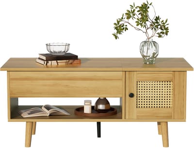 Elegante Salontafel - Opklapbare Tafelblad - Rieten Deuren - Houtkleur met Zwarte Accenten - Woonkamermeubel - Hout - Bruin/Zwart