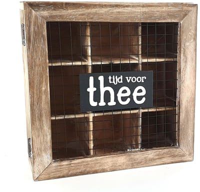 Woodart Houten Theedoos met Raster “Tijd voor Thee” – 23x23x10 cm – Natural/Zwart – Thee Opbergdoos – Keuken Organizer – Cadeau