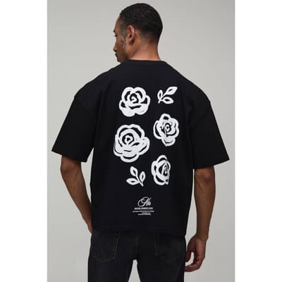 Oversized Boxy Heren Script Bloemenprint T-shirt | Black | Size Small