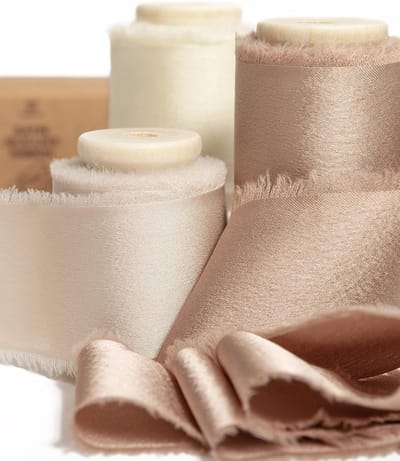 Stoffen Lint Champagne & Naakt, 3,8 cm x 13,7 m met Houten Spoel, Handgemaakte Franje Linten voor Cadeauverpakking, Feestelijke Decoraties, DIY Handwerk, Bruidsboeketten Bruiloft