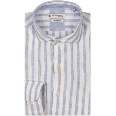 Giordano Overhemd Row Cutaway Collar Linen Blend Stripe Pastel Blauw / male