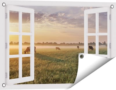 Gards Tuinposter Doorkijk Koeien in de Wei tijdens Zonsopkomst - 60x40 cm - Tuindoek - Tuindecoratie - Wanddecoratie buiten - Tuinschilderij