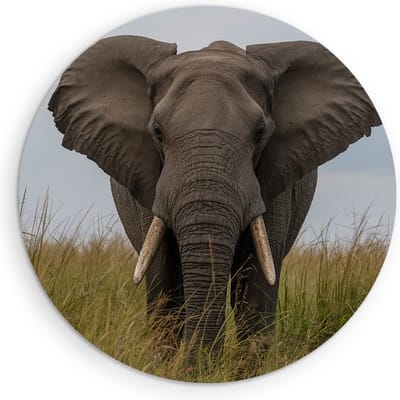 Saammp Muurcirkel Hout - olifant in het gras - Afrika - Dieren - Ø 90 - Wandcirkel - Wanddecoratie Cirkel - muurdecoratie Woonkamer - Slaapkamer decoratie - Rond Schilderij