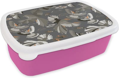 Broodtrommel Roze - Lunchbox - Brooddoos - Vogel - Patroon - Wolken - 18x12x6 cm - Kinderen - Meisje
