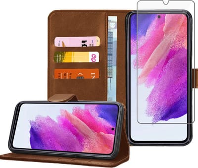 Hoesje geschikt voor Samsung S21 FE - Screenprotector Tempered Glas Screen Cover - Book Case Flip Hoes Bruin
