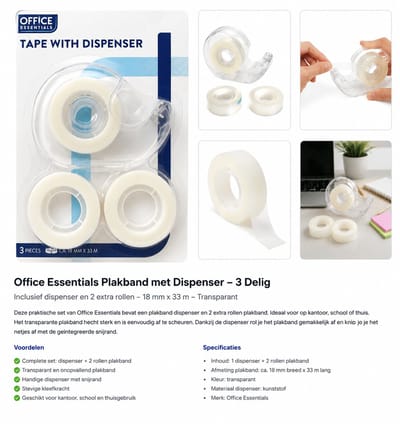 Office Essentials Plakband met Dispenser – 3 Delige Set – Transparant Tape – Inclusief 2 Extra Rollen – 18 mm x 33 m