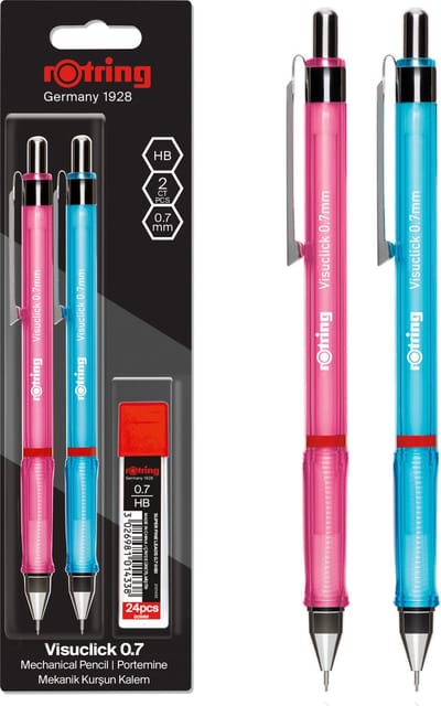 rOtring Visuclick-vulpotloden | 0,7 mm | Roze en blauwe behuizingen | 2 stuks | Met 24 HB-stiften
