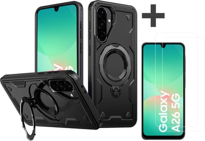 Hoesje Geschikt voor Samsung Galaxy A26 met 2 Stuks gehard glas Screenprotectors - Armor hoes met Ringhouder - Arara backcover - Zwart