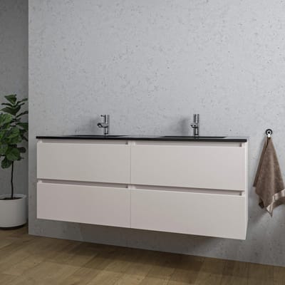 Saniclass Chaci Badkamermeubelset - 140x46x55cm - keramische wastafel zwart - 2 wasbakken - 2 kraangaten - 4 lades - mat cotton (beige)